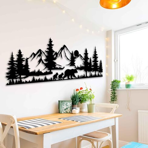 KAWA METALWORKS Rustic Mountain Scene Metal Wall Art with Bears, Black Forest Landscape with Trees and Wildlife, Living Room Wall Hanging, Gift For Lodge, Cabin and Cottagecore in Saudi Arabia