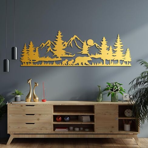 KAWA METALWORKS Rustic Mountain Scene Metal Wall Art with Bears, Black Forest Landscape with Trees and Wildlife, Living Room Wall Hanging, Gift For Lodge, Cabin and Cottagecore in Saudi Arabia