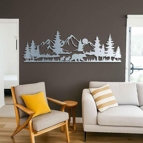 KAWA METALWORKS Rustic Mountain Scene Metal Wall Art with Bears, Black Forest Landscape with Trees and Wildlife, Living Room Wall Hanging, Gift For Lodge, Cabin and Cottagecore in Saudi Arabia