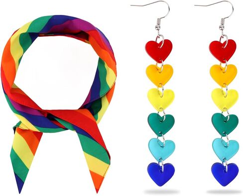 Rainbow Pride Set Rainbow Striped Scarf & Heart Dangle Earrings for Pride Parade, Celebrations, and Everyday Wear in Saudi Arabia