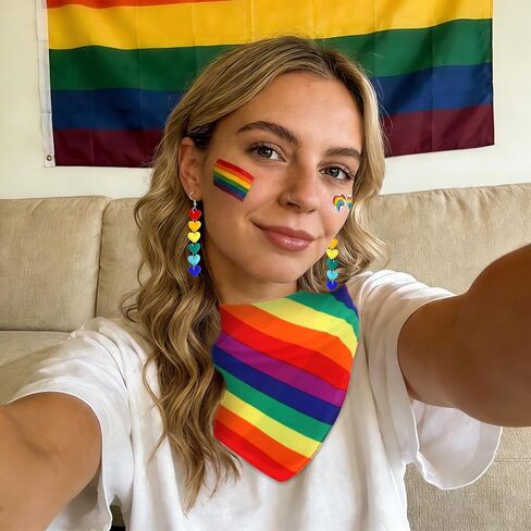 Rainbow Pride Set Rainbow Striped Scarf & Heart Dangle Earrings for Pride Parade, Celebrations, and Everyday Wear in Saudi Arabia
