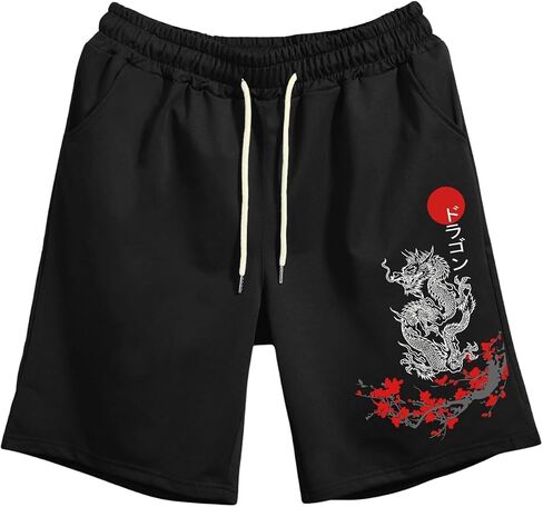 Men's Dragon Graphic Shorts Japanese Letter Print Drawstring Cool Designer Track Shorts in Kuwait