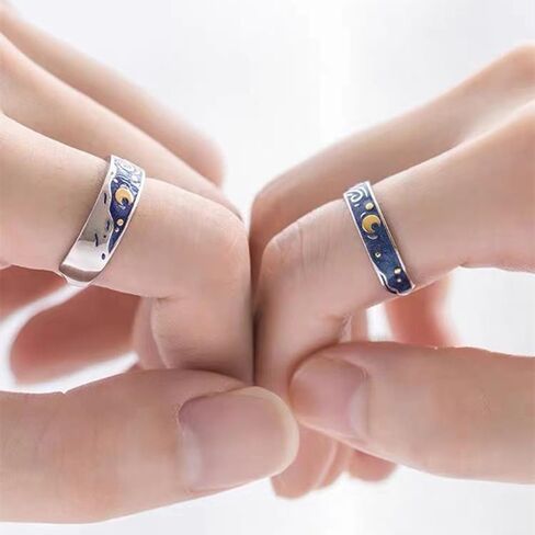 2Pcs Van Gogh Starry Sky Ring Set Couple Adjustable Ring Vintage Starry Moon Opening Ring for Women Men in Saudi Arabia
