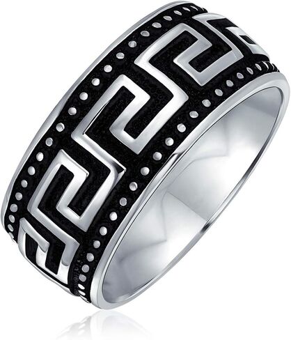 Bling Jewelry Personalized Couples Geometric Ancient Fret Greek Key Design Textured Wedding Band Ring For Men Black Silver Two Tone .925 Sterling Silver 9MM Wide Customizable in Kuwait