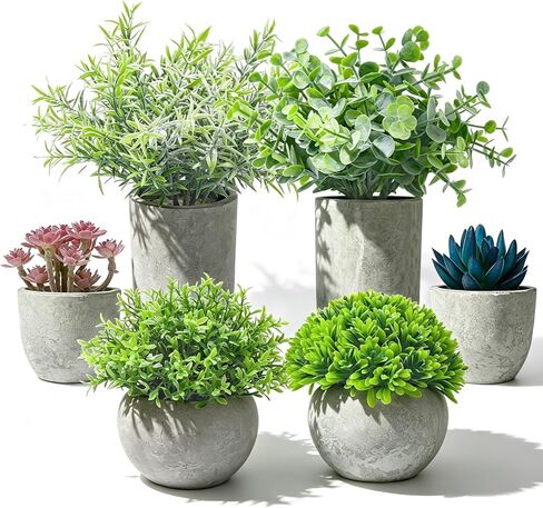 6 Pack Small Fake Plants, Artificial Plants Indoor Eucalyptus/Four-Leaf Clover/Succulent Light Purple/Succulent Blue/Thousand Layer Grass, Snake Tongue Grass Plants, For Home Bathroom Office Decor in Saudi Arabia