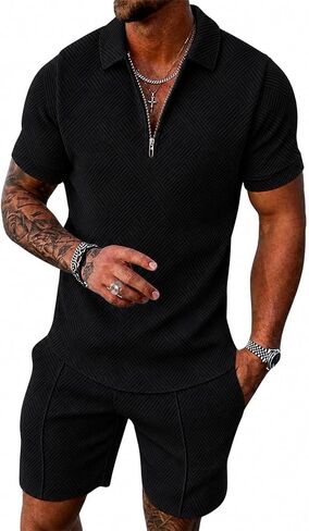 Mens Track Suits 2 Piece Set, Quarter Zip Polo Shirt and Shorts Set for Men in Kuwait