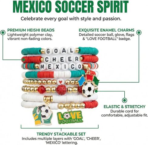 Soccer Game Day Bracelets for Women, Stackable Heishi Beaded Stretch Bracelet, Team Support Accessories Jewelry & Outfits, Soccer Fans Gifts (mexico) in Saudi Arabia