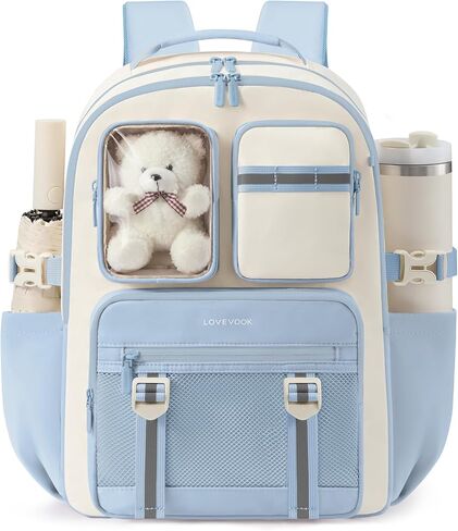 LOVEVOOK Cute School Backpack for Girls Ages 8-14, Bookbag with Plush Bear & Clear Display Pocket, Fits 15.6 Inch Laptop & 40oz Tumbler, Back to School Backpack for Elementary & Middle School in Kuwait
