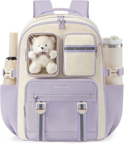 LOVEVOOK Cute School Backpack for Girls Ages 8-14, Bookbag with Plush Bear & Clear Display Pocket, Fits 15.6 Inch Laptop & 40oz Tumbler, Back to School Backpack for Elementary & Middle School in Kuwait