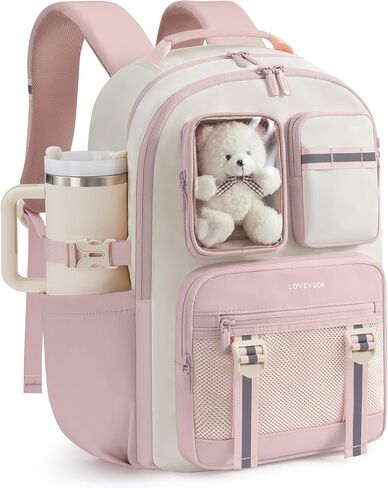 LOVEVOOK Cute School Backpack for Girls Ages 8-14, Bookbag with Plush Bear & Clear Display Pocket, Fits 15.6 Inch Laptop & 40oz Tumbler, Back to School Backpack for Elementary & Middle School in Kuwait