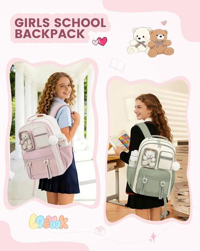 LOVEVOOK Cute School Backpack for Girls Ages 8-14, Bookbag with Plush Bear & Clear Display Pocket, Fits 15.6 Inch Laptop & 40oz Tumbler, Back to School Backpack for Elementary & Middle School in Kuwait