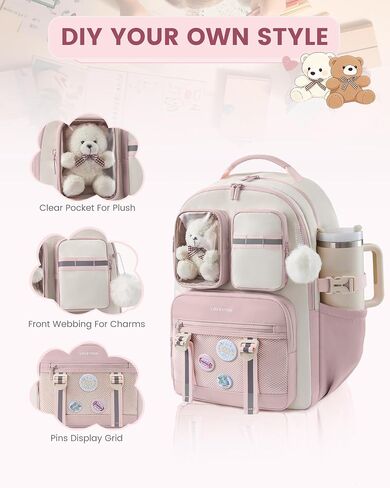 LOVEVOOK Cute School Backpack for Girls Ages 8-14, Bookbag with Plush Bear & Clear Display Pocket, Fits 15.6 Inch Laptop & 40oz Tumbler, Back to School Backpack for Elementary & Middle School in Kuwait