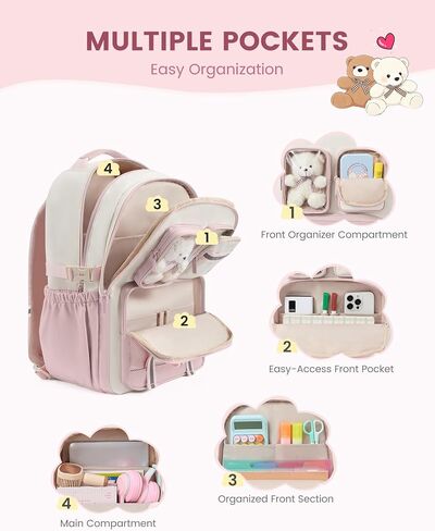 LOVEVOOK Cute School Backpack for Girls Ages 8-14, Bookbag with Plush Bear & Clear Display Pocket, Fits 15.6 Inch Laptop & 40oz Tumbler, Back to School Backpack for Elementary & Middle School in Kuwait