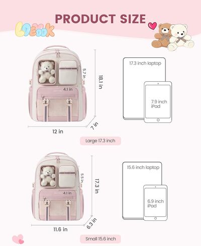 LOVEVOOK Cute School Backpack for Girls Ages 8-14, Bookbag with Plush Bear & Clear Display Pocket, Fits 15.6 Inch Laptop & 40oz Tumbler, Back to School Backpack for Elementary & Middle School in Kuwait
