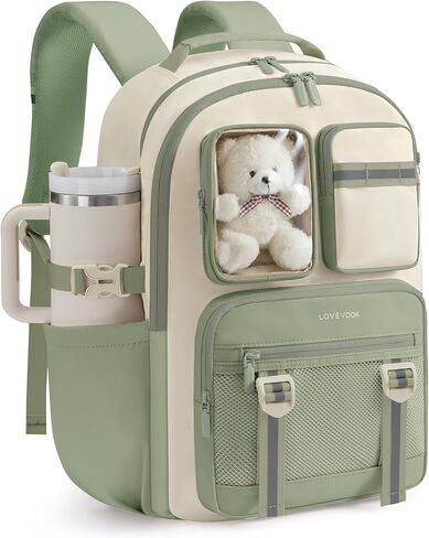 LOVEVOOK Cute School Backpack for Girls Ages 8-14, Bookbag with Plush Bear & Clear Display Pocket, Fits 15.6 Inch Laptop & 40oz Tumbler, Back to School Backpack for Elementary & Middle School in Kuwait