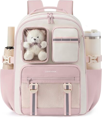 LOVEVOOK Cute School Backpack for Girls Ages 8-14, Bookbag with Plush Bear & Clear Display Pocket, Fits 15.6 Inch Laptop & 40oz Tumbler, Back to School Backpack for Elementary & Middle School in Kuwait