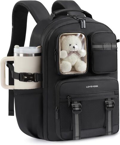 LOVEVOOK Cute School Backpack for Girls Ages 8-14, Bookbag with Plush Bear & Clear Display Pocket, Fits 15.6 Inch Laptop & 40oz Tumbler, Back to School Backpack for Elementary & Middle School in Kuwait