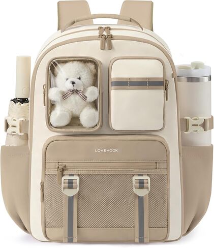 LOVEVOOK Cute School Backpack for Girls Ages 8-14, Bookbag with Plush Bear & Clear Display Pocket, Fits 15.6 Inch Laptop & 40oz Tumbler, Back to School Backpack for Elementary & Middle School in Kuwait