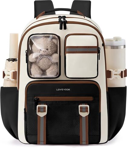 LOVEVOOK Cute School Backpack for Girls Ages 8-14, Bookbag with Plush Bear & Clear Display Pocket, Fits 15.6 Inch Laptop & 40oz Tumbler, Back to School Backpack for Elementary & Middle School in Kuwait