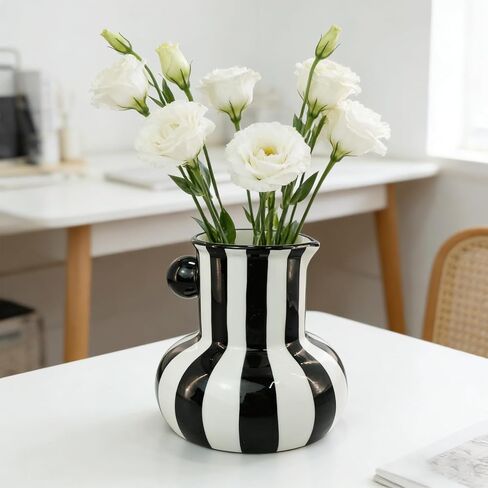 Black and White Striped Ceramic Vase, 5.12-inch Decor Vases with Large Caliber and Big Belly, Minimalist Style for Holiday and Wedding Decoration Desktop 0rnaments, Visual Impact Porcelain in Saudi Arabia