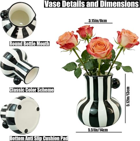 Black and White Striped Ceramic Vase, 5.12-inch Decor Vases with Large Caliber and Big Belly, Minimalist Style for Holiday and Wedding Decoration Desktop 0rnaments, Visual Impact Porcelain in Saudi Arabia