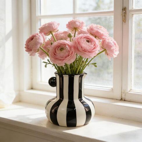 Black and White Striped Ceramic Vase, 5.12-inch Decor Vases with Large Caliber and Big Belly, Minimalist Style for Holiday and Wedding Decoration Desktop 0rnaments, Visual Impact Porcelain in Saudi Arabia