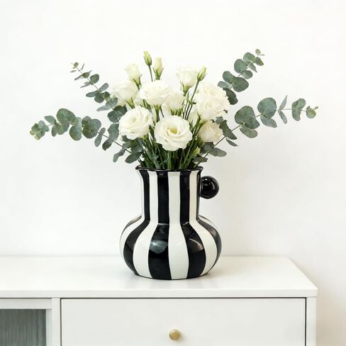 Black and White Striped Ceramic Vase, 5.12-inch Decor Vases with Large Caliber and Big Belly, Minimalist Style for Holiday and Wedding Decoration Desktop 0rnaments, Visual Impact Porcelain in Saudi Arabia
