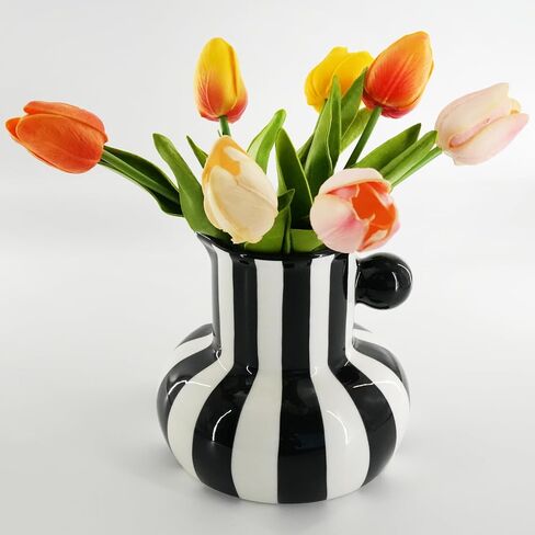 Black and White Striped Ceramic Vase, 5.12-inch Decor Vases with Large Caliber and Big Belly, Minimalist Style for Holiday and Wedding Decoration Desktop 0rnaments, Visual Impact Porcelain in Saudi Arabia