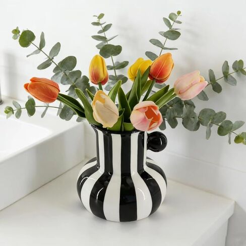 Black and White Striped Ceramic Vase, 5.12-inch Decor Vases with Large Caliber and Big Belly, Minimalist Style for Holiday and Wedding Decoration Desktop 0rnaments, Visual Impact Porcelain in Saudi Arabia