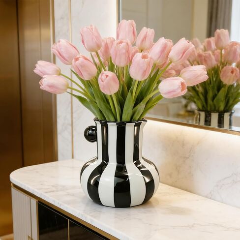 Black and White Striped Ceramic Vase, 5.12-inch Decor Vases with Large Caliber and Big Belly, Minimalist Style for Holiday and Wedding Decoration Desktop 0rnaments, Visual Impact Porcelain in Saudi Arabia