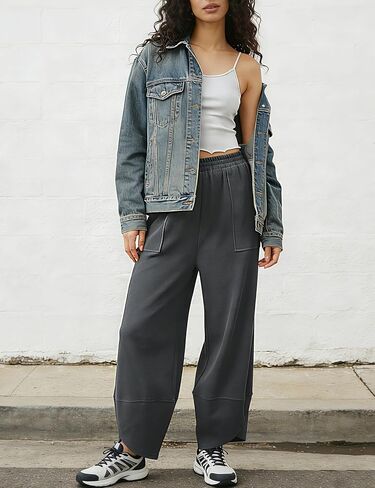 Womens Baggy Wide Leg Pants Summer Casual Elastic Waist Palazzo Harem Pants with Pockets (4S-Darkgrey-XXL) in Saudi Arabia