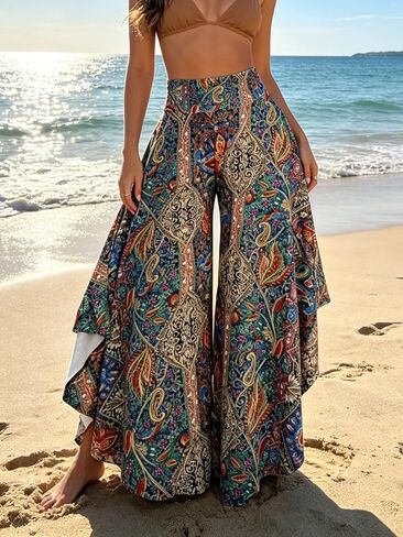 Women's Plus Size Floral Print Pants Summer Casual High Waist Loose Comfortable Daily Wear Trousers in Kuwait