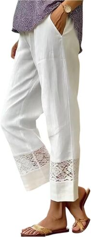 Women's Lace Hem Wide Leg Pants Summer Flowy Lightweight Cropped Palazzo Pants Drawstring Elastic Waist Casual Pant in Saudi Arabia