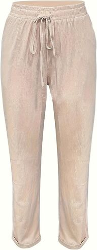 Women's Stylish Straight Leg Pants Drawstring Elastic Waist Casual Folded Bottom Lounge s Slacks in Kuwait