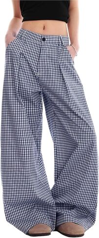 Women's Wide Leg Pants Plaid Lounge Pants High Waist Straight Casual Loose Checkered Trousers with Pockets in Saudi Arabia