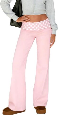 Women Low Rise Flare Pants Y2k Wide Leg Lounge Trousers Polka Dot Waist Stretch Bell Bottom in Saudi Arabia