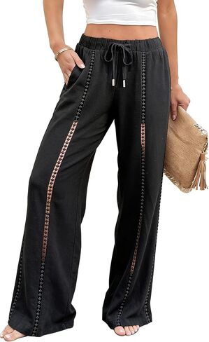 heipeiwa Women's Linen Summer Lightweight Drawstring Elastic Waist Pants Hollow Out Wide Leg Beach Trouser in Kuwait
