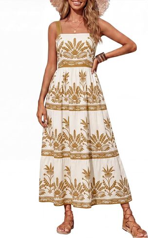 Simplee Womens Summer Boho Floral Maxi Dress Casual Flowy Sleeveless Square Neck Beach Vacation Sun Dresses with Pockets in Saudi Arabia