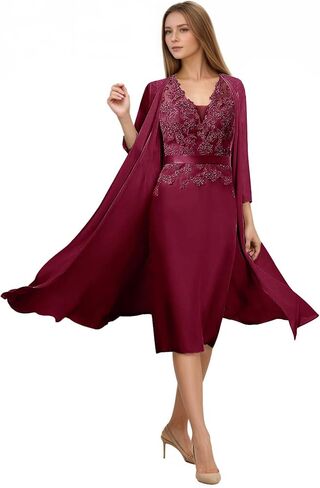 2 Piece Chiffon Mother of The Bride Dresses V Neck Lace Formal Evening Dress with Jacket WT005 in Saudi Arabia