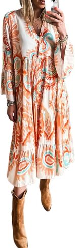 miduo Womens Casual Boho Summer 3/4 Sleeve V Neck Bohemian Tribal Print Flowy Midi Maxi Dresses in Saudi Arabia