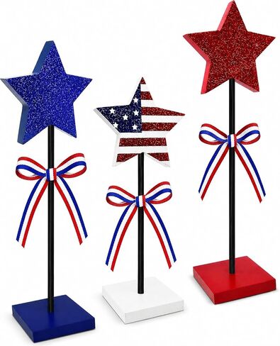 Gift Boutique 3 Patriotic Stars Wooden Table Decoration Centerpiece Block Red White & Blue 3 Size 4th of July Tiered Tray Tabletop Sign Independence Day Party Decor in Kuwait