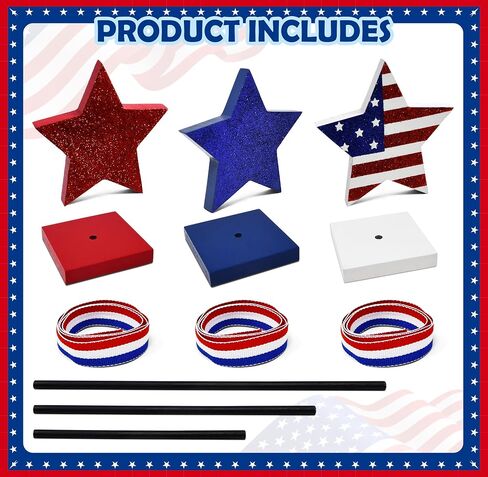 Gift Boutique 3 Patriotic Stars Wooden Table Decoration Centerpiece Block Red White & Blue 3 Size 4th of July Tiered Tray Tabletop Sign Independence Day Party Decor in Kuwait