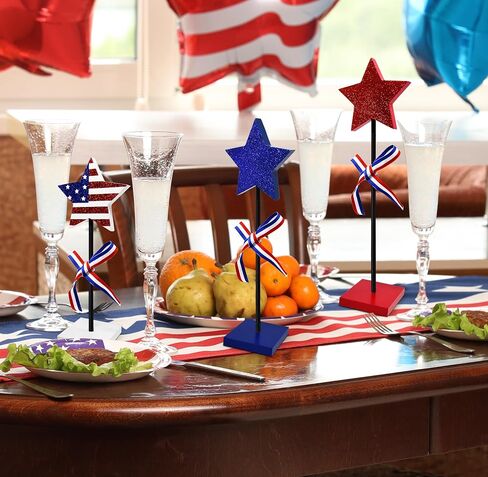 Gift Boutique 3 Patriotic Stars Wooden Table Decoration Centerpiece Block Red White & Blue 3 Size 4th of July Tiered Tray Tabletop Sign Independence Day Party Decor in Kuwait