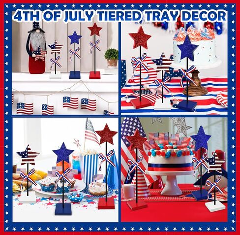 Gift Boutique 3 Patriotic Stars Wooden Table Decoration Centerpiece Block Red White & Blue 3 Size 4th of July Tiered Tray Tabletop Sign Independence Day Party Decor in Kuwait