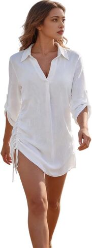 Drawstring Button Cover-up Dress: The All-round Fashion Swimwear Companion for Beach Fun in Spring, Summer and Autumn in Kuwait
