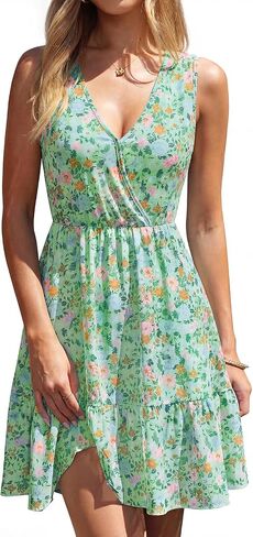 PRETTYGARDEN Sundresses for Women 2026 Summer Boho Sleeveless Wrap V Neck Floral Mini Dress Beach Vacation Short Dresses in Kuwait