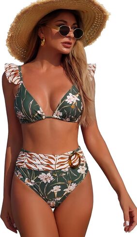 SPORLIKE Women High Waisted Swimsuit Ruffle V Neck Bikini Two Pieces Swimwear in Kuwait