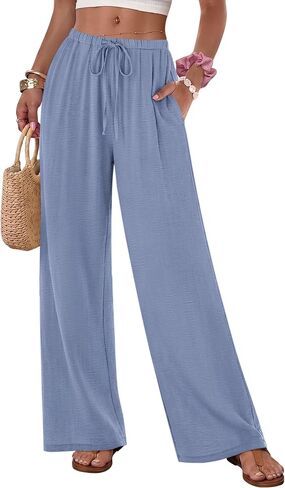 IWH Womens Palazzo Pants Flowy Lightweight Wide Leg Loose Casual Linen Elastic Waist with Drawstring Pocket Beach Blue Medium in Saudi Arabia
