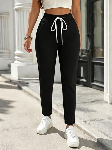 Women's High Waist Drawstring Casual Pants Straight Leg Trousers with Pockets for Workout in Kuwait