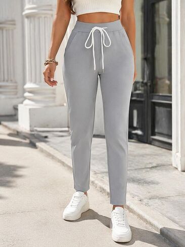 Women's High Waist Drawstring Casual Pants Straight Leg Trousers with Pockets for Workout in Kuwait